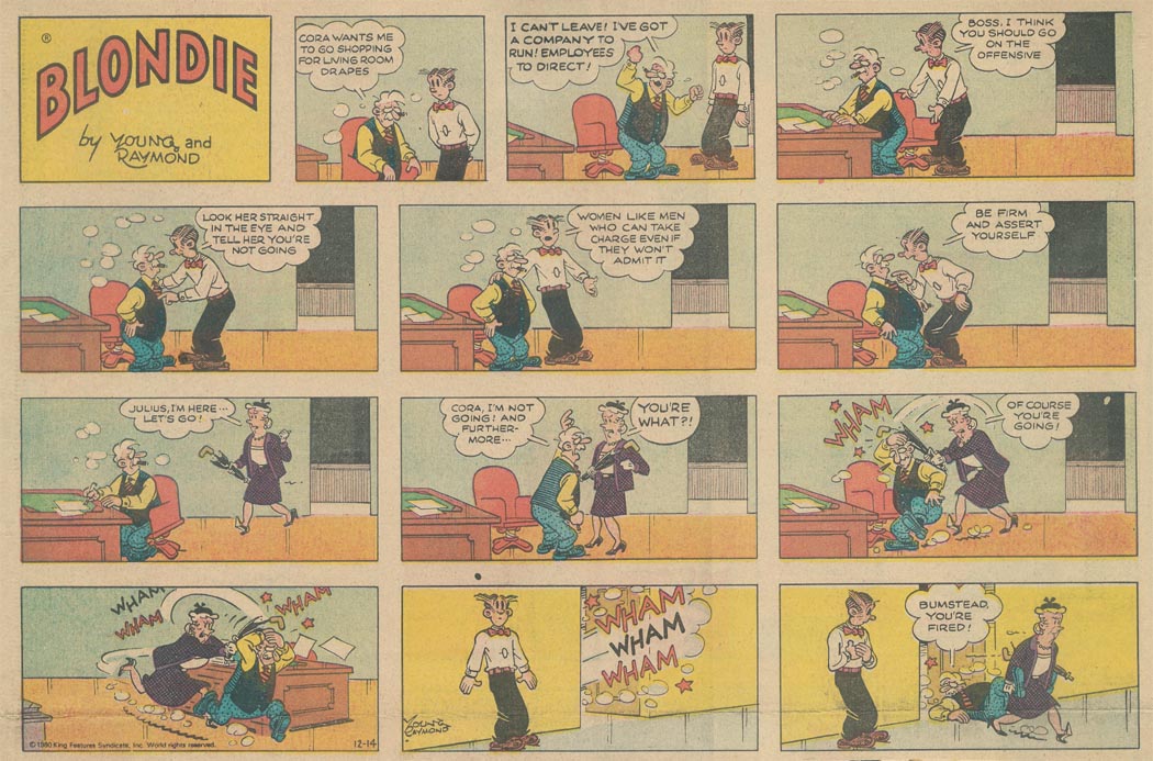 Blondie comic strip: Cora beats Julius over the head with her umbrella handle.